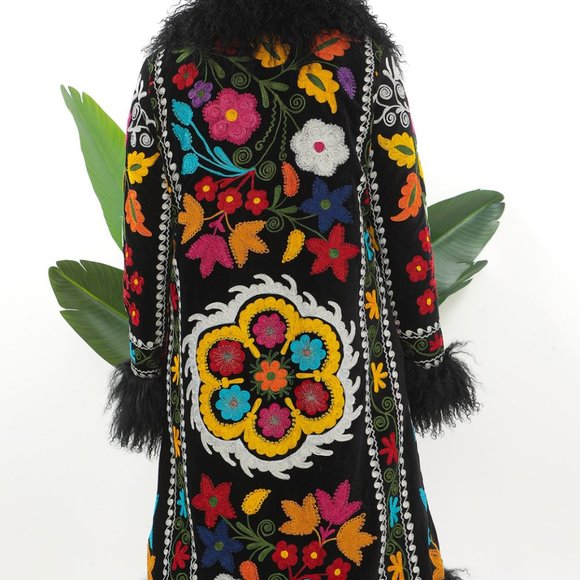 Shearling Trimmed Vintage Coat, Almost Famous 1970s, Boho Fashion, Suzani Coat, - Picture 3 of 5